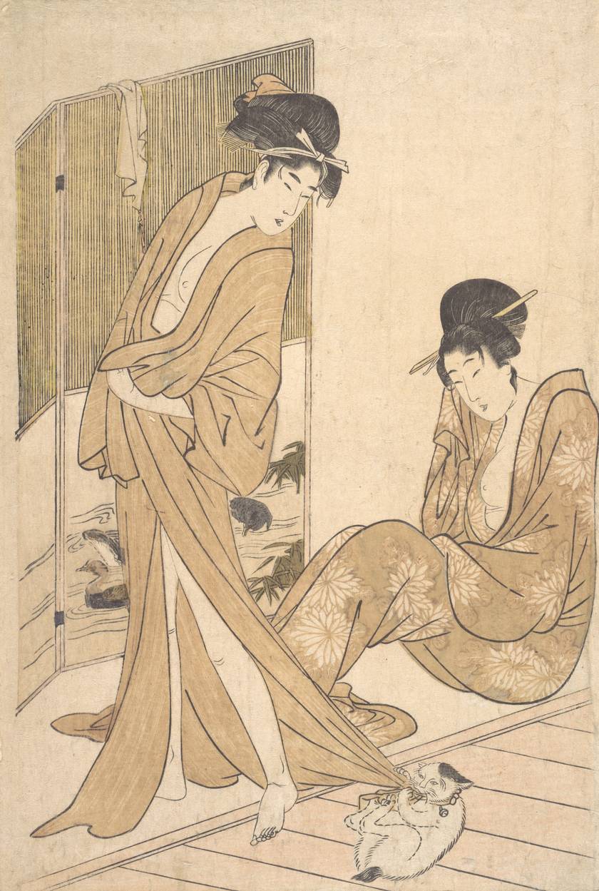 Ezen az 1796-os képen épp azt örökíti meg Kitagawa Utamaro, ahogy a cica játékból harapja és rugdossa hölgy ruháját. Ilyen jelenetekkel valószínűleg sok gazdi szembesült már. De mégis hogy lehetne haragudni rá?