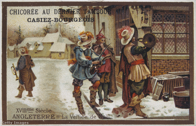 Zenészek járnak házról házra karácsonykor a 17. századi Angliában