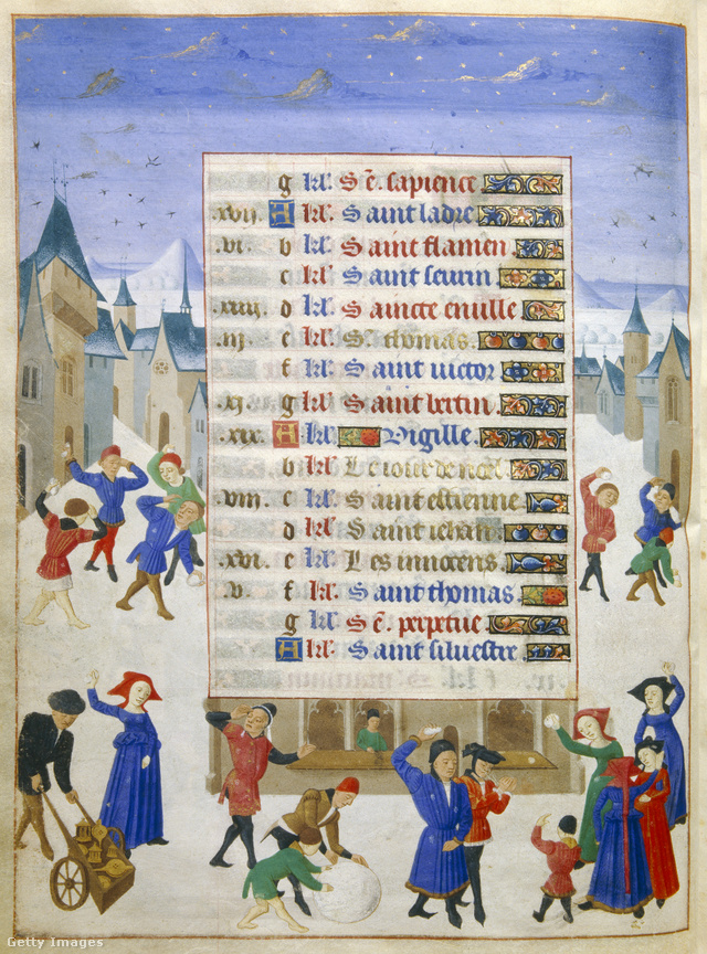 Hógolyózás egy 15. századi francia kalendárium decemberi lapján
