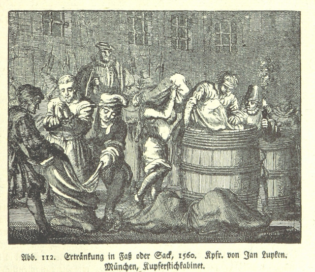 Zsákba varrás a kora újkorban (német ábrázolás, 1560)