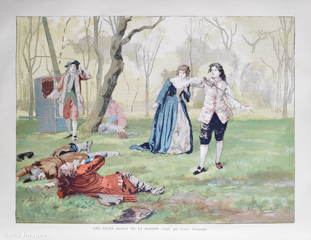 Mademoiselle de Maupin két férfit győz le egyszerre párbajban (19. századi illusztráció)