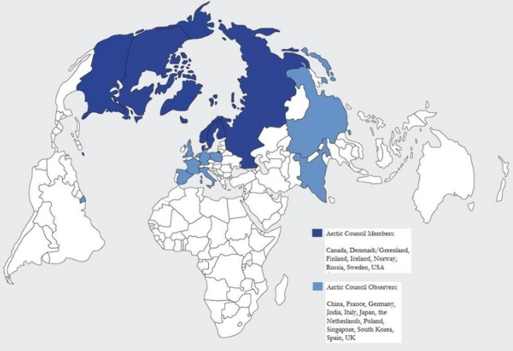 Az Arktisz Tanács tagjai (sötétkékkel) és megfigyelő státuszú tagjai (világoskékkel)