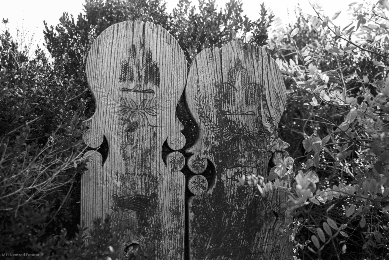 Dunapataj, 1986. július 15. Faragott, ember alakú fejfák Dunapataj református temetőjében. Az itt található, közel kétszáz fejfa néprajzi különlegességnek számít