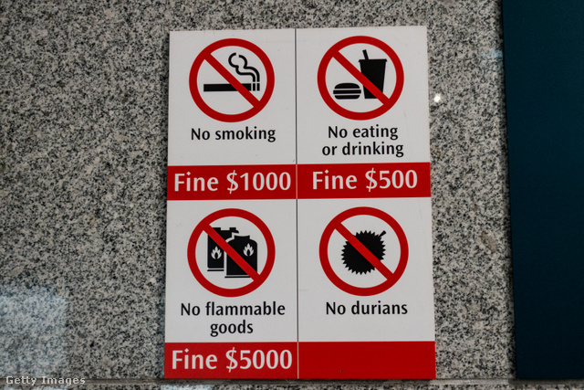 Figyelmeztető tábla Szingapúrban: duriánt fogyasztani tilos!