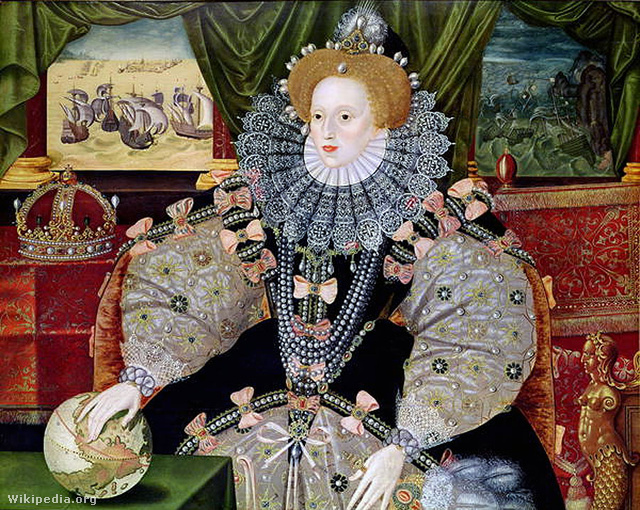 Erzsébet királynő a hadiflottával a háttérben