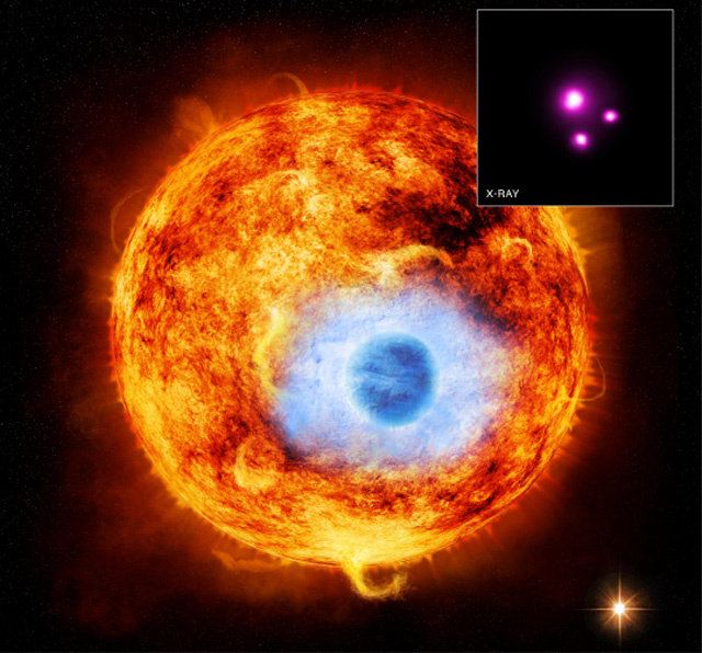 A HD189733b kiterjedt légkörét mutatja az illusztráció, mely lehetővé tette a fedés detektálását (bár a valóságban a bolygót csak sötét korongként látnánk). Az inzerten látható a tényleges röntgenkép, melyen a HD189733A kettőscsillag mindkét tagja és egy harmadik háttércsillag is látható.