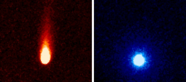 Az ISON-üstökös finom porszemcsékből álló porcsóvája (bal oldali kép), illetve a semleges gázkomponensből álló gázkóma (jobb oldali kép). A képek számítógépes átszínezése az üstökös kómájának és csóvájának jobb láthatóságát segíti