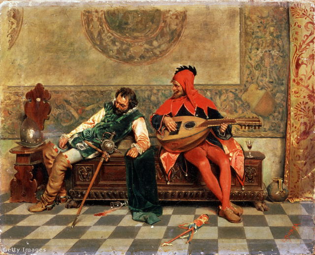 Udvari bolond részeg katona társaságában (19. századi festmény)