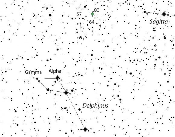 A Delfin csillagaitól kiindulva ezen ábra csegítségével találhatjuk meg az ábrán zölddel jelölt jövevény csillagot.