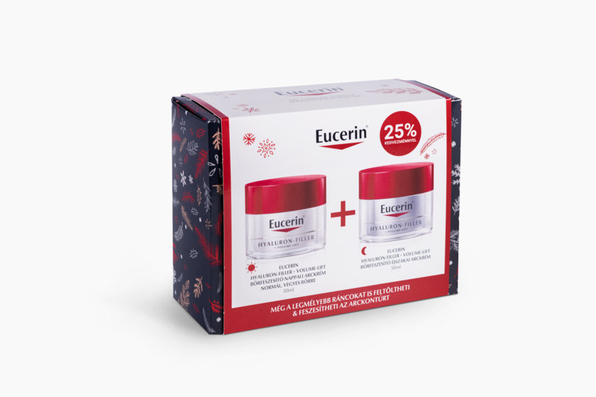 Az Eucerin Hyaluron-Filler + Volume-Lift Eucerin ajándékcsomagja nemcsak szép, de nagyon hatásos is. Bőrfeszesítő nappali arckrémet ráncfeltöltő éjszakai arckrémet tartalmaz, így tökéletes azoknak, akik szeretnék, hogy feszesebb, ragyogóbb legyen a bőrük. 17 390 forintba kerül.