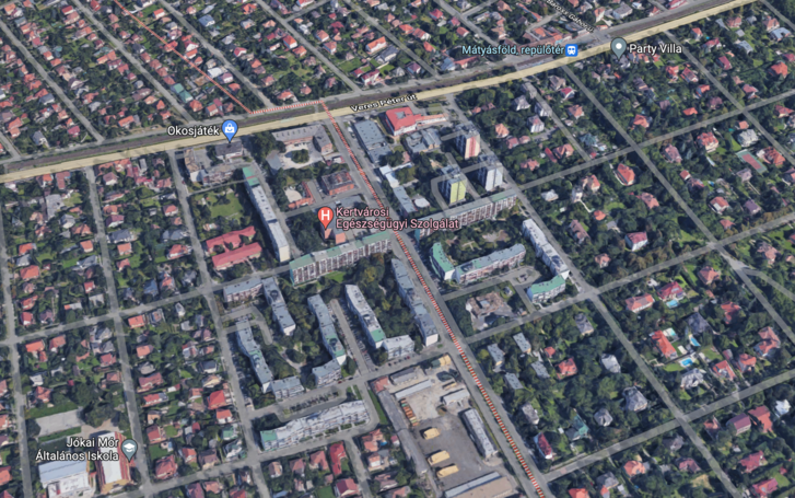 Google Mapsen a Jókainak becézett lakótelep az SZTK-val és a kerületi rendőrkapitánysággal