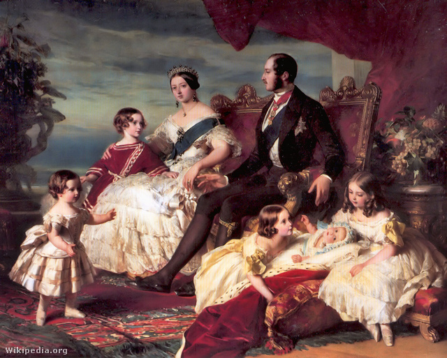 Viktória királynő családja 1846-ban, Franz Xaver Winterhalter festményén. Balról jobbra: Alfréd és Eduárd hercegek; a királynő és Albert herceg; Aliz, Ilona és Viktória hercegnők.