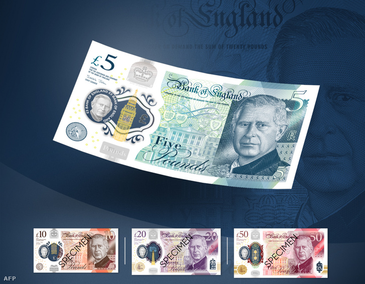 A Bank of England által 2022. december 19-én kiadott képen az új, III. Károly brit uralkodó képét ábrázoló bankjegyek tervei láthatók