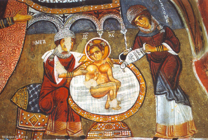Az újszülött Jézust fürdető Szalome (jobbról) és Emea bába egy XII. századi kappadókiai freskón