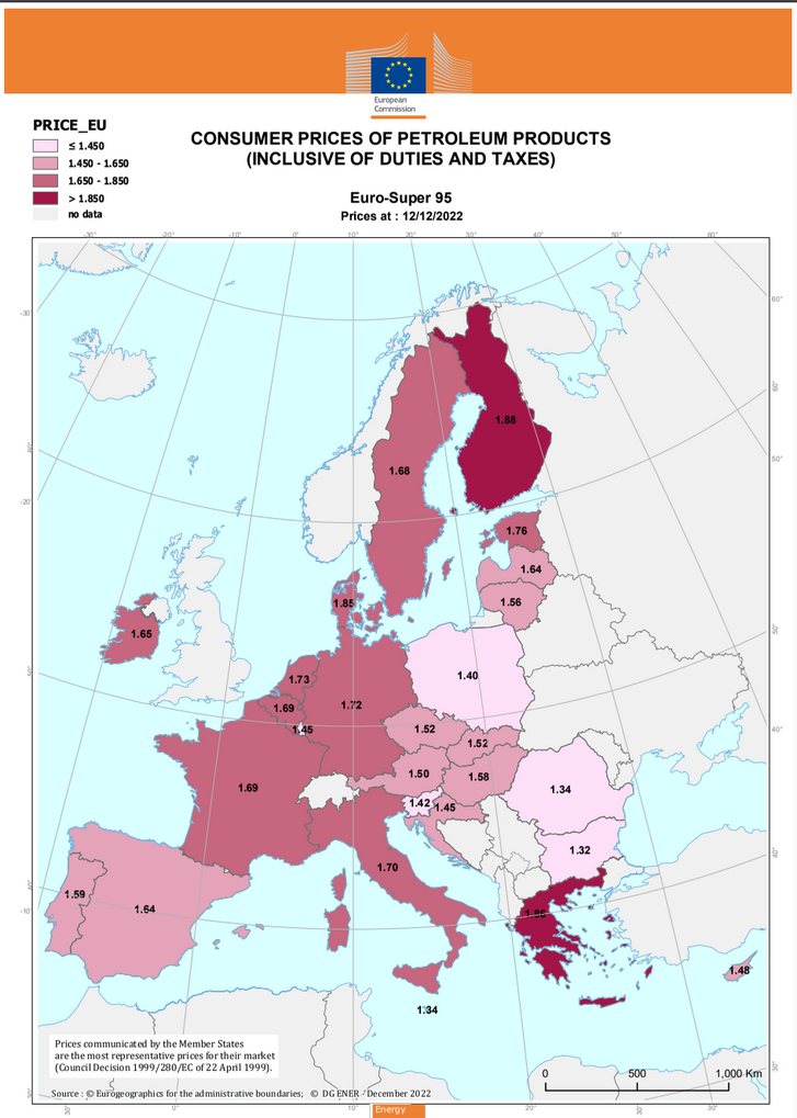 A 95-ös benzin ára az EU-s országokban (euróban) / Forrás: EU