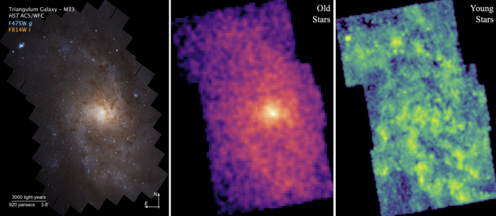 A bal oldalon a Triangulum-galaxis kompozit képe látható, amely a Hubble űrteleszkóp által a PHATTER-felmérés részeként készített egyedi képek egymásra helyezésével készült. Az öreg és fiatal csillagok eloszlása – középen és jobbra – a PHATTER felmérési területen belül a Triangulum ellentétes struktúráit mutatja be