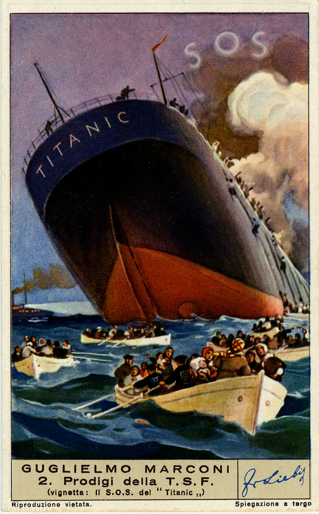 Mentőcsónakokban hagyják el a túlélők a süllyedő Titanicot (korabeli illusztráció)