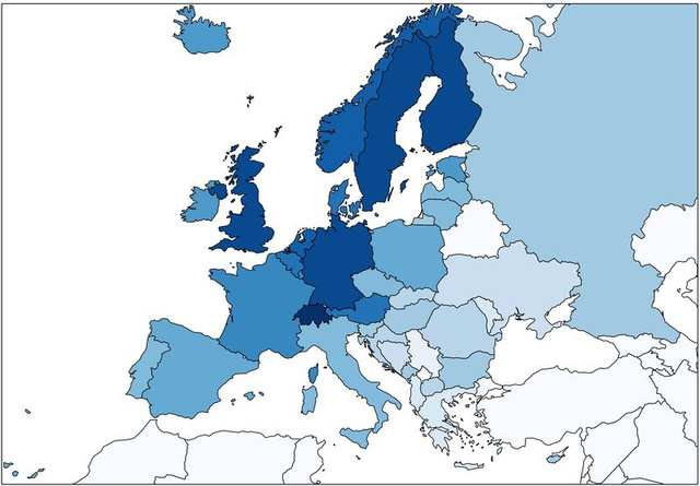 Európai országok versenyképessége, 2013–2014. (Minél sötétebb, annál jobb)