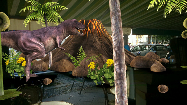 Virtuális dinoszaurusz rohangál a berlini utcán