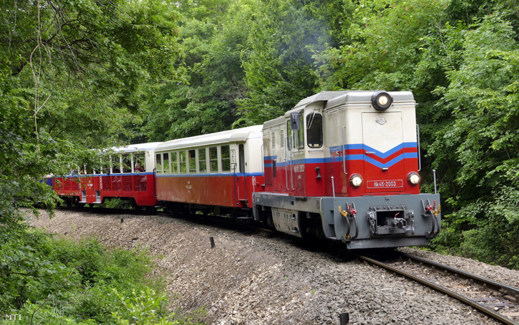A MÁV-csoport Széchenyi-hegyi Gyermekvasútja egyik Mk45 sorozatszámú erőgépe nyitott és zárt vasúti kocsikat vontat a Szépjuhászné állomás és János-hegy állomás közt az erdőben kanyargó sínpályán 2022. május 28-án