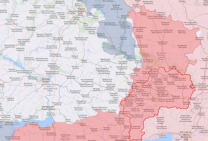 Kelet-Ukrajna február 12-én, közel egy évvel a háború kirobbanása után. Vörös kontúrvonallal a 2014 után az oroszbarát szeparatisták kontrollja alatt álló területek láthatóak
