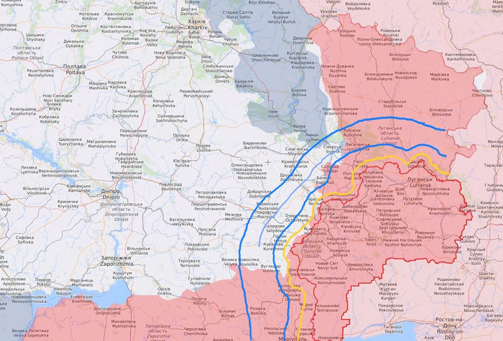 A 2014 októbere után kiépített ukrán védelmi vonalak körülbelüli vázlatrajza. Narancssárgával a fronttal közvetlenül érintkező első vonal. Halványkékkel a már a háború kirobbanása után, 2022-ben feltételezhetően kiépített ukrán védelem