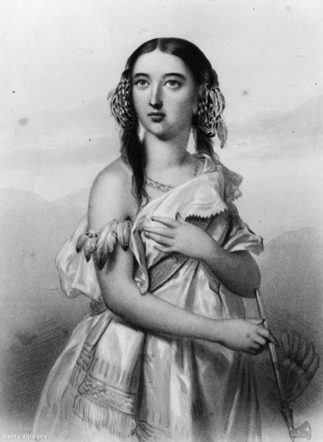 Pocahontas, az „indián hercegnő” (17. század eleji ábrázolás)