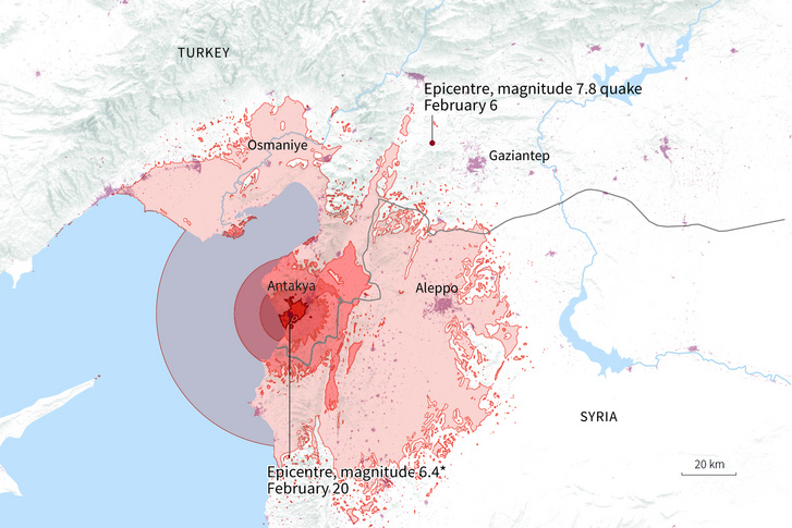 Az AFP térképén a február 20-i földrengés epicentruma és az érintett területeket láthatók