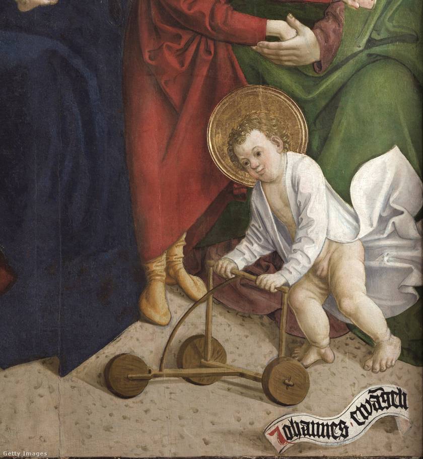 A - gyenge fizikumúnak mondott - gyermek Keresztes Szent János egy 1510-es szentképen kerekeken guruló fa járássegítővel. A teljes festmény a Szlovén Nemzeti Múzeumban van kiállítva.