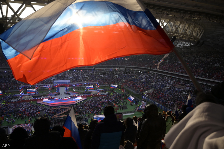 Vlagyimir Putyin beszédet tart Moszkvában 2023. február 22-én