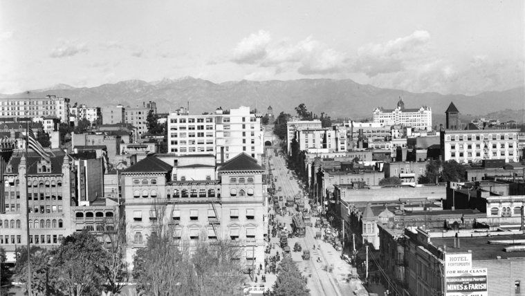 View of Hill Street, looking north from 6th Street, Los Angeles,