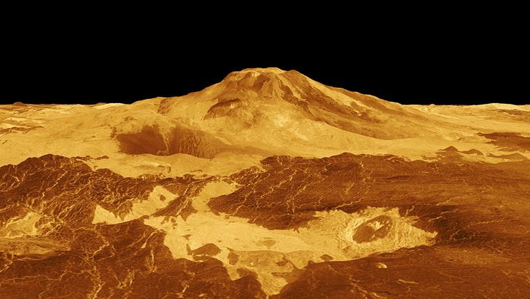 A Vénusz felszínének ez a számítógéppel generált 3D-s modellje a Maat Mons csúcsát, egyben a vulkán tevékenységének jeleit mutatja. (Fotó: NASA)