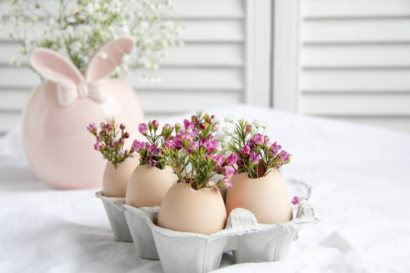 Az alaposan megtisztított, üres tojáshéjba kedves kis tavaszi, mezei virágok is kerülhetnek. A tojásokat állítsd tojástartóba, aranyos dísze lesz a lakásnak.
