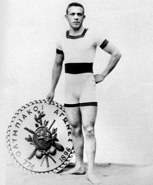 Hajós Alfréd, az első magyar olimpiai bajnok győzelme után