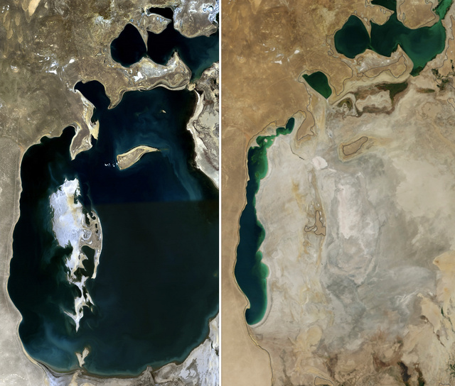 Az Aral-tó 1989-ben (balra) és 2014-ben