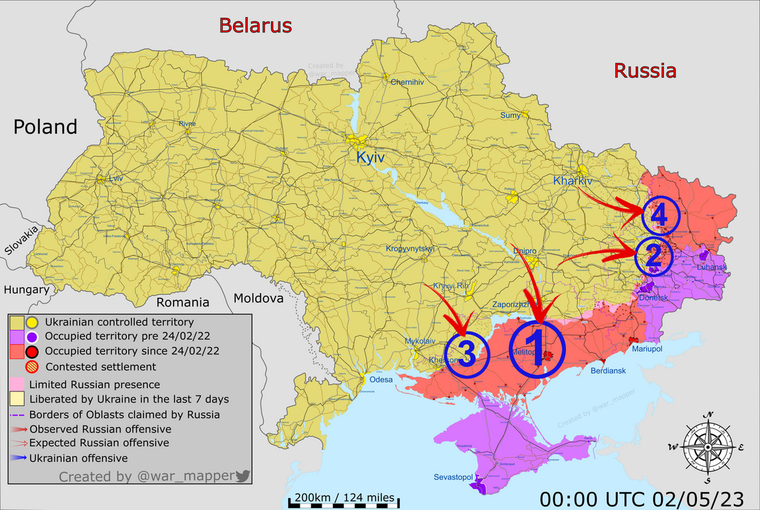 Az ukrán ellentámadás lehetséges irányai. Forrás: a térkép alapja a War_mapper aktuális, május 2-ai bázisán készült, a szerző saját szerkesztése