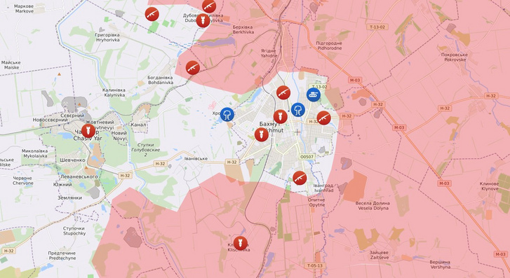 Térkép a bahmuti csata állásáról, 2023. március eleje