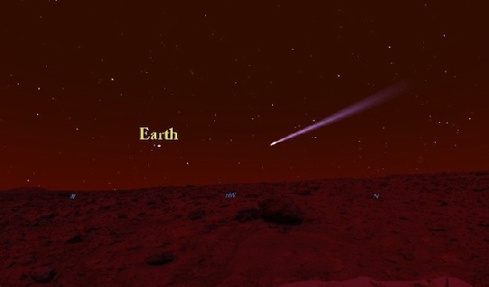 Az üstököst a vörös bolygó felszínéről a NASA Curiosity terepjárója alacsonyan, a horizont közelében fogja látni. Az üstököstől balra a Föld látható a Mars egén