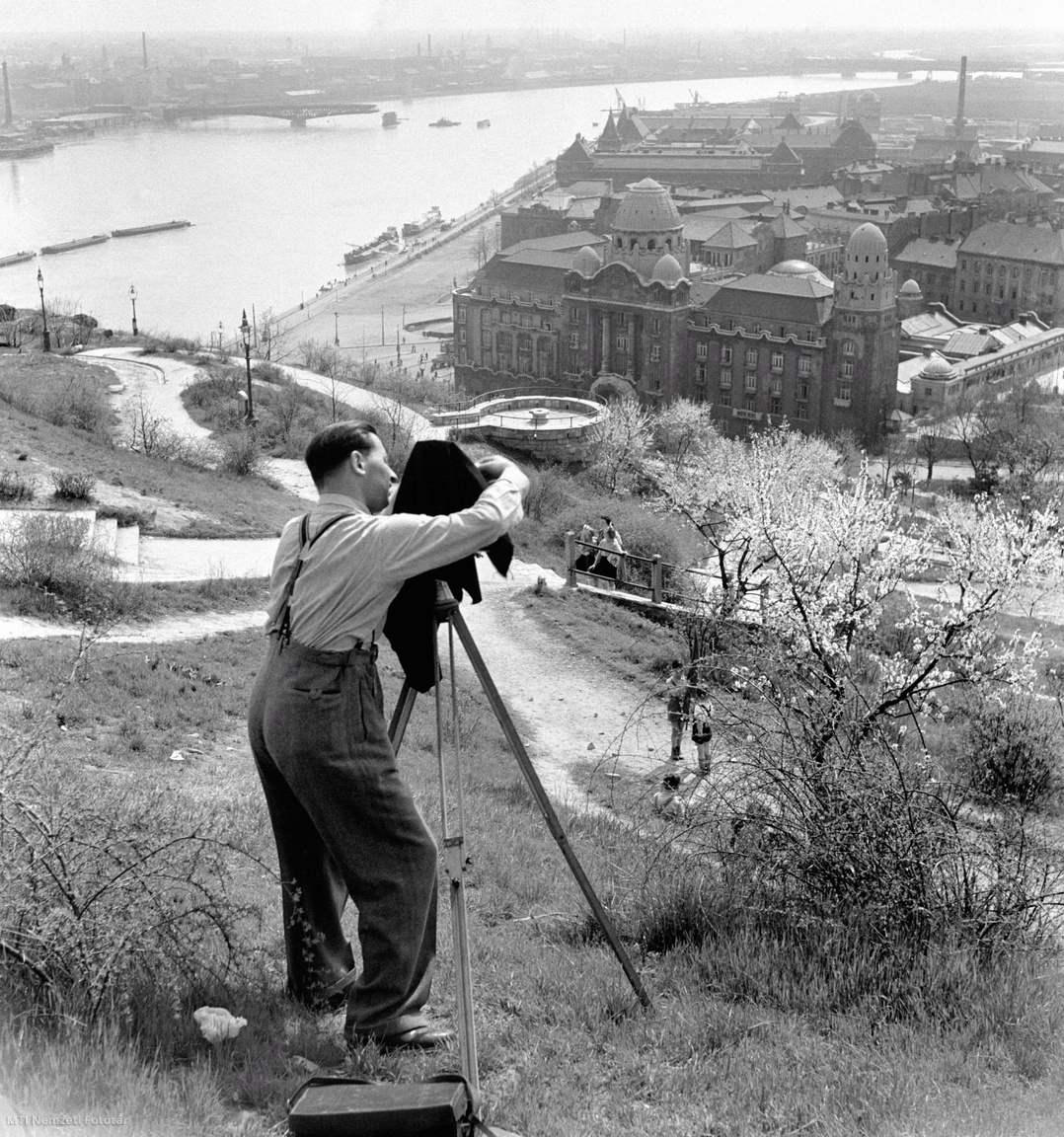 Budapest, 1952. április 15. Járai Rudolf fotográfus budapesti látképet fényképez a Gellért-hegyről.