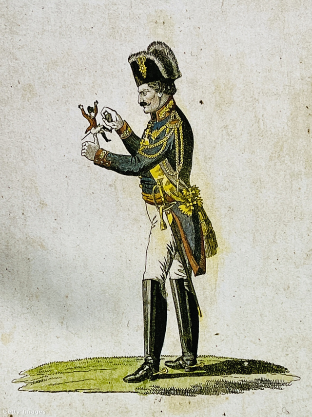 Blücher tábornok és Napóleon, mint Hüvelyk Matyi (korabeli karikatúra)