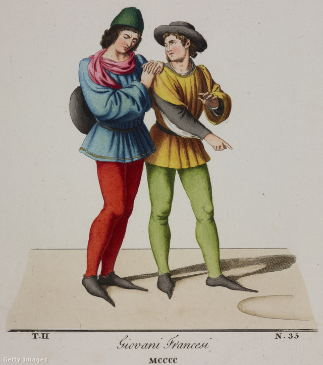 Hosszú, hegyes orrú cipőt viselő középkori nemes férfiak