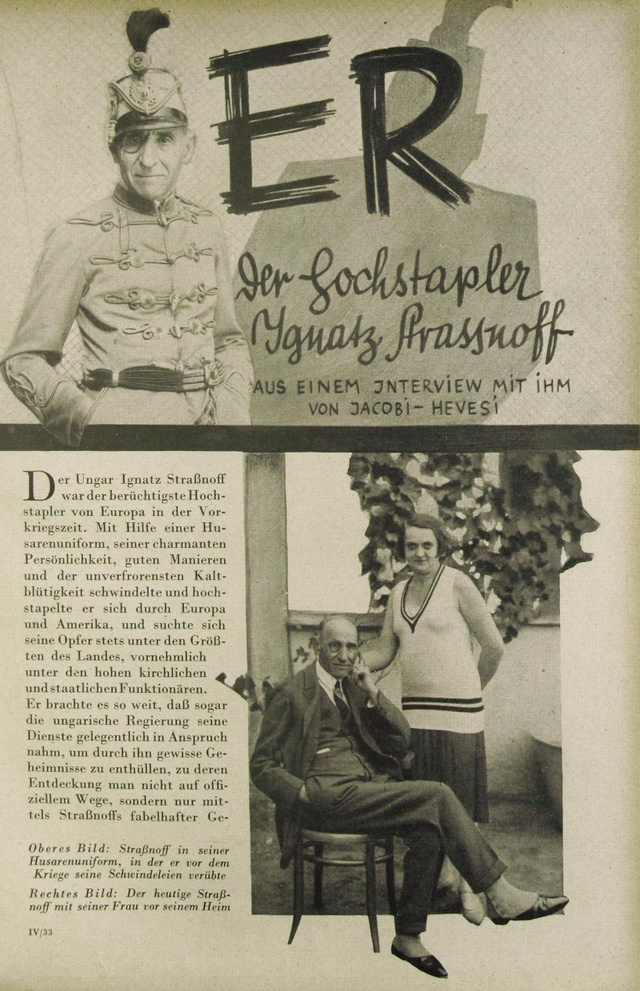 Portrécikk a legendás magyar szélhámosról a német Kriminal-Magazinban, az alsó képen Strassnoff és felesége, 1931