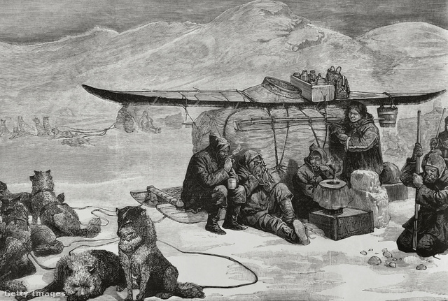 Az expedíció túlélői inuitok társaságában (korabeli illusztráció)