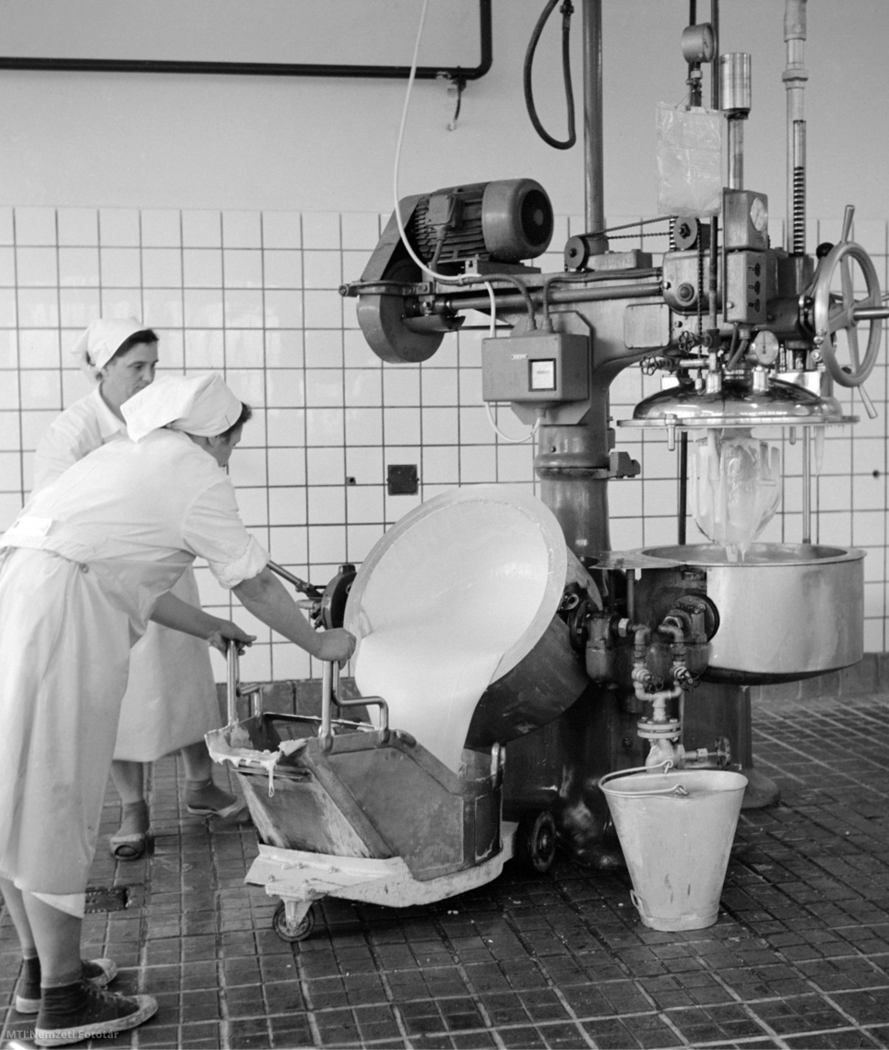 Pécs, 1966. április 22. Kiöntik a sajtkeverő gépből az elkészült ömlesztett sajtot a Tüzér utcai Tejüzemben. Napi ötvenezer liter tejet dolgoznak fel az ország legkorszerűbb tejfeldolgozó üzemében Pécsett.
