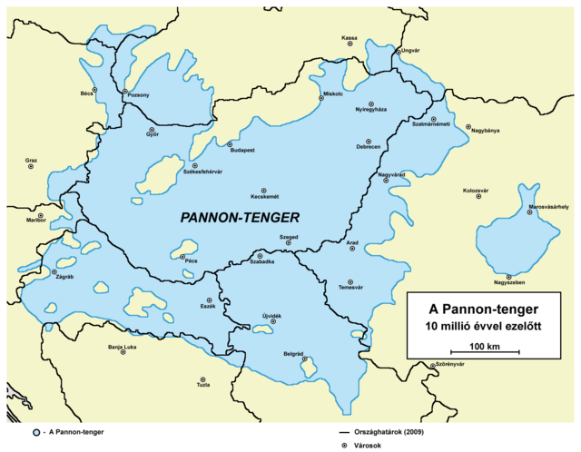 A Pannon-tenger a térképen: a tó (vizének sóssága máig kérdés) Magyarország nagy területén elterült