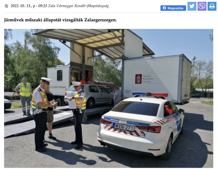 A járművek műszaki állapotát vizsgálták át Zalaegerszegen 2022. 05. 13-án a hat éve megszűnt NKH munkatársai. (Fotó: Police.hu)