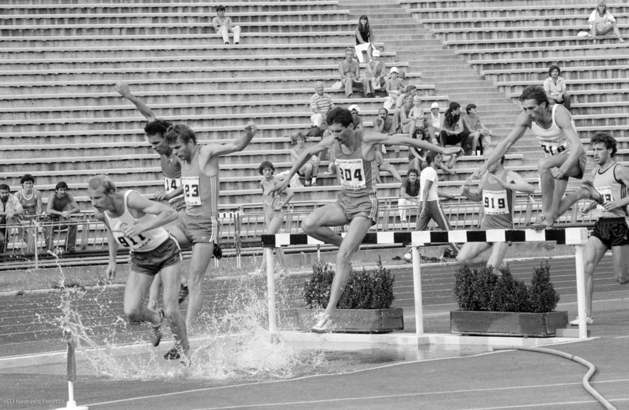 Budapest, 1981. augusztus 9. A 3000 méteres akadályfutás mezőnye a vizesároknál az országos atlétikai bajnokságon a Népstadionban. A bajnoki címet Szénégető István szerezte meg, Brenner Pál és Balogh Gyula előtt.