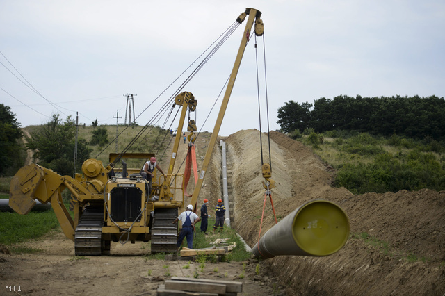 A Magyar Gáz Tranzit Zrt. fővállalkozója a magyar-szlovák összekötő földgázszállító vezeték árokba fektetését végzi Felsőpetény közelében 2013. július 25-én.