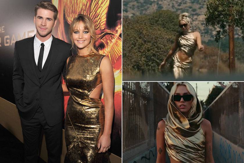 Miley Cyrus az arany ruhájával Jennifer Lawrence estélyijére utalt a rajongók szerint.