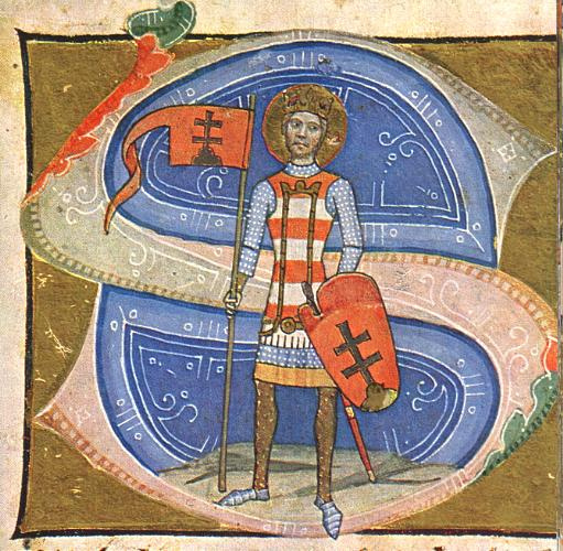 Szent István (tévesen) a kettős kereszttel a pajzsán a 14. századi Képes krónikában